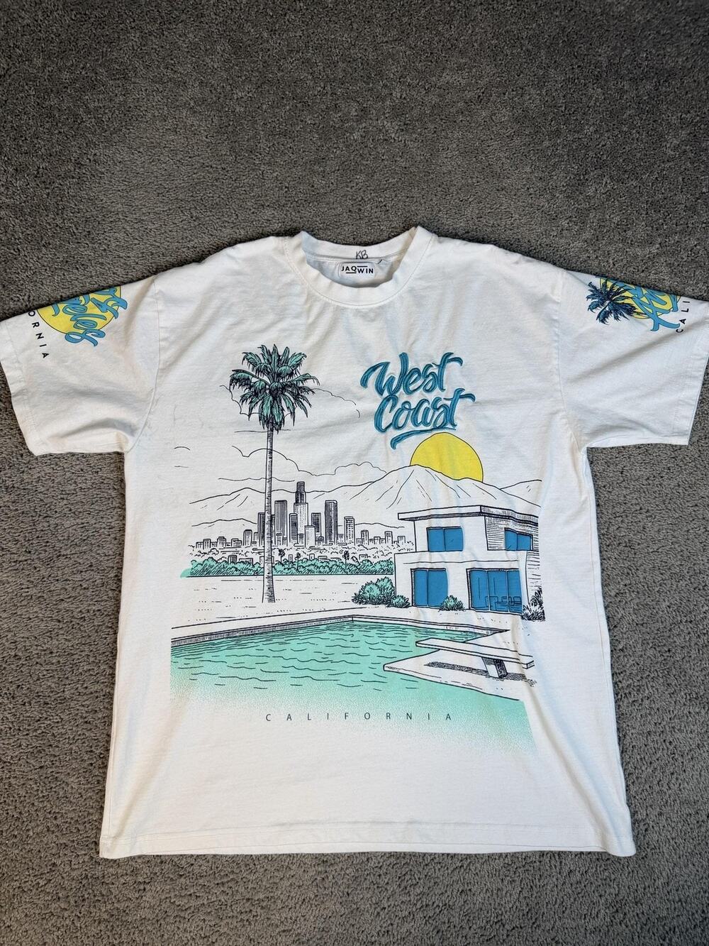 JAQWIN Shirt Mens 2XL White Los Angeles West Coast Graphic Crew Neck Relaxed Fit